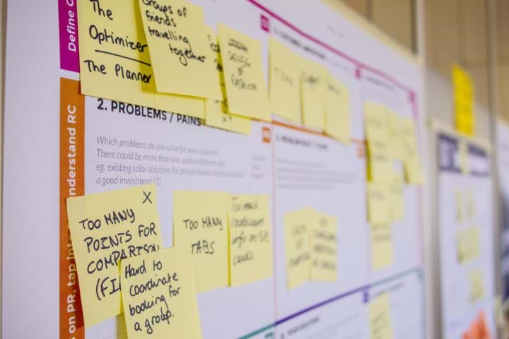 Post-it notes on a board during a design sprint