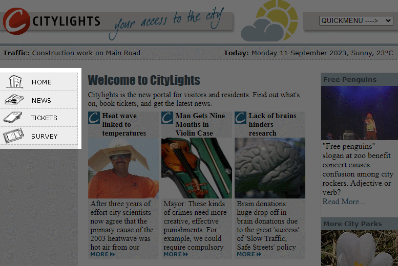 Layout of a website that has accessibility issues where navigation panel is highlighted